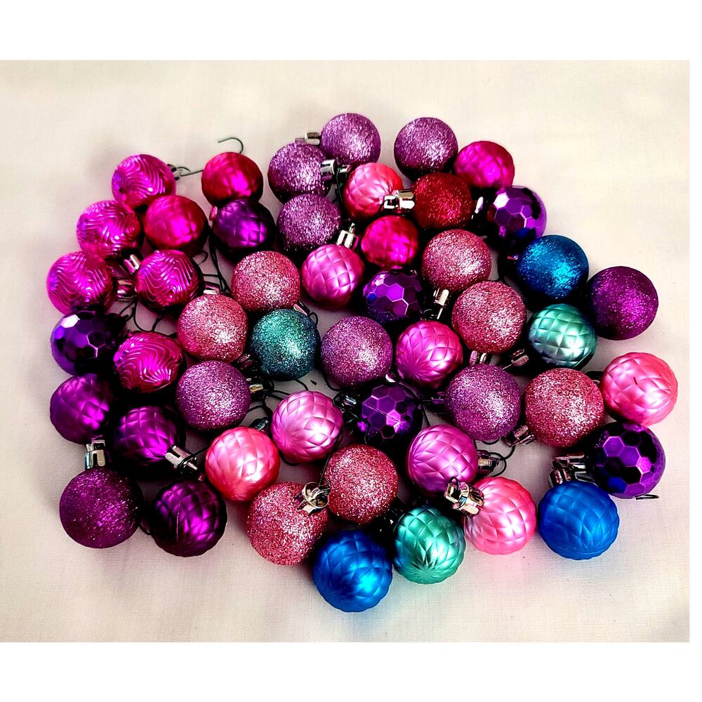 49 Vintage Glass Christmas Ornaments Glitter Shine Textures 1" Blue Purple Pink